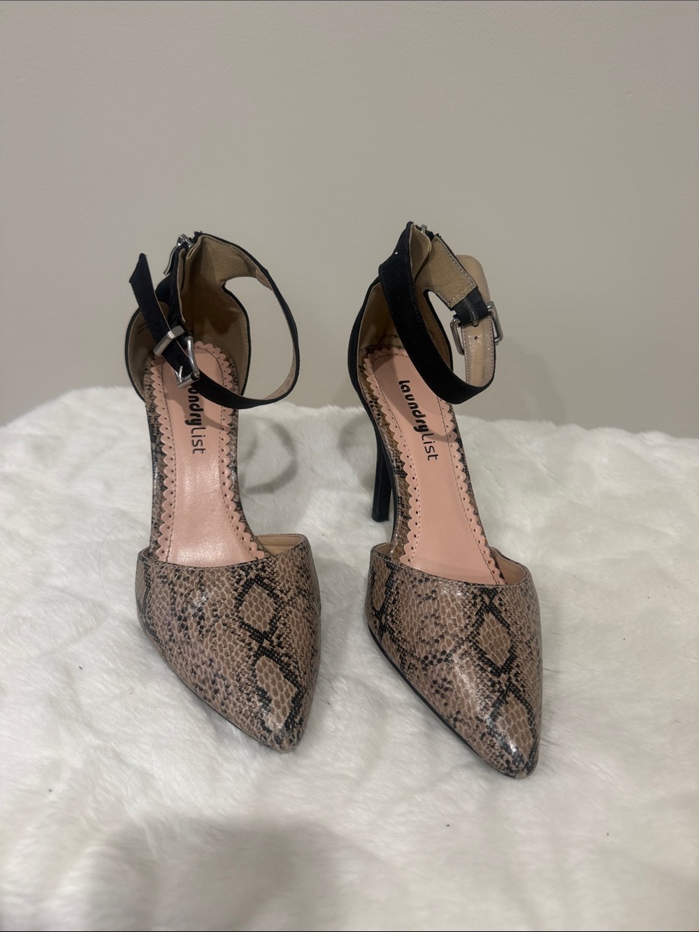 Laundry List Snake-Print Pointed Ankle-Strap Heels in Black and Tan